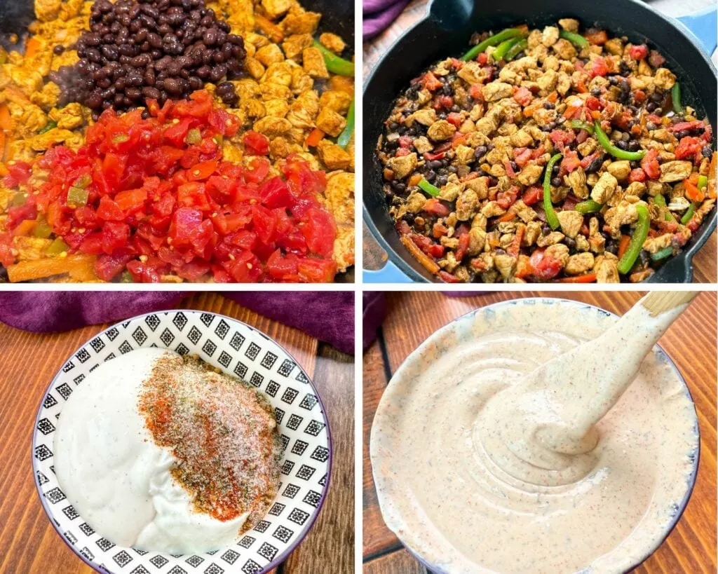 collage of 4 photos with chicken burrito filling in a pan and homemade ranch taco seasoning in a bowl