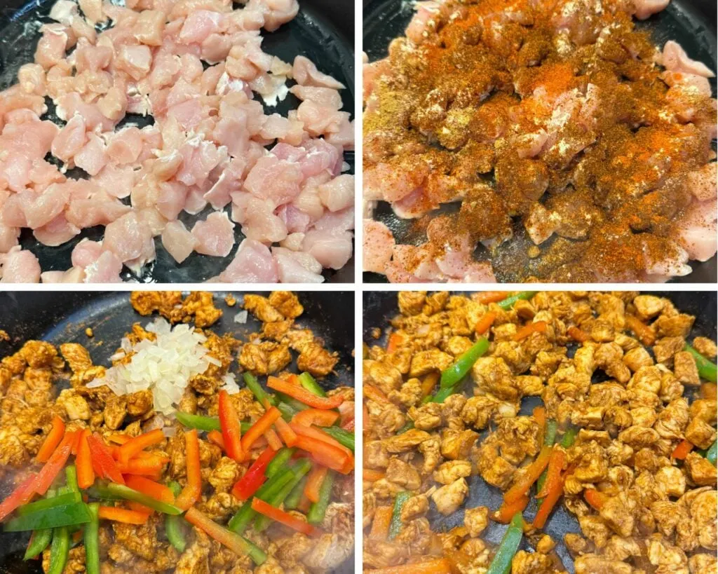 collage of 4 photos with raw chicken breasts, taco seasoning, and bell peppers in a skillet