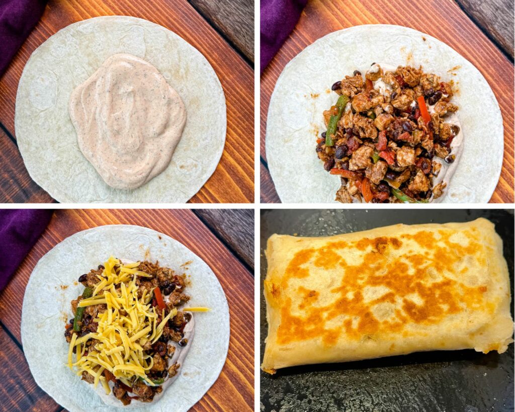 collage of 4 photos with a burrito assembled with taco sauce, chicken, and cheese