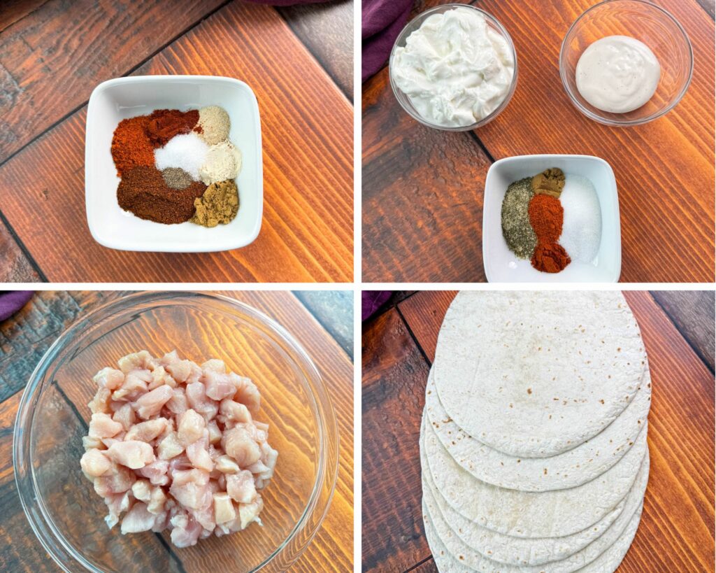 collage of 4 photos with taco seasoning, Greek yogurt, ranch dressing, ranch seasoning, diced raw chicken breasts, and flour tortillas on a flat surface