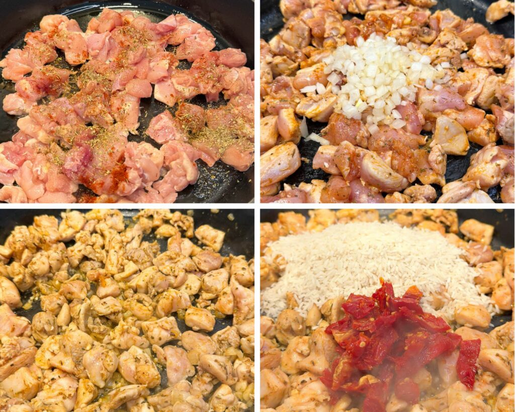 collage of 4 photos with diced seasoned chicken, diced onions, garlic, sundried tomatoes, and rice in a skillet