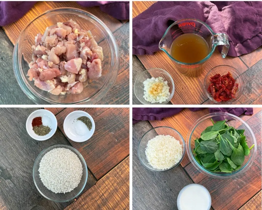 collage of 4 photos with diced boneless, skinless chicken breasts, broth, diced onions, garlic, sundried tomatoes, spinach, grated parmesan, heavy whipping cream, rice, and spices in separate bowls