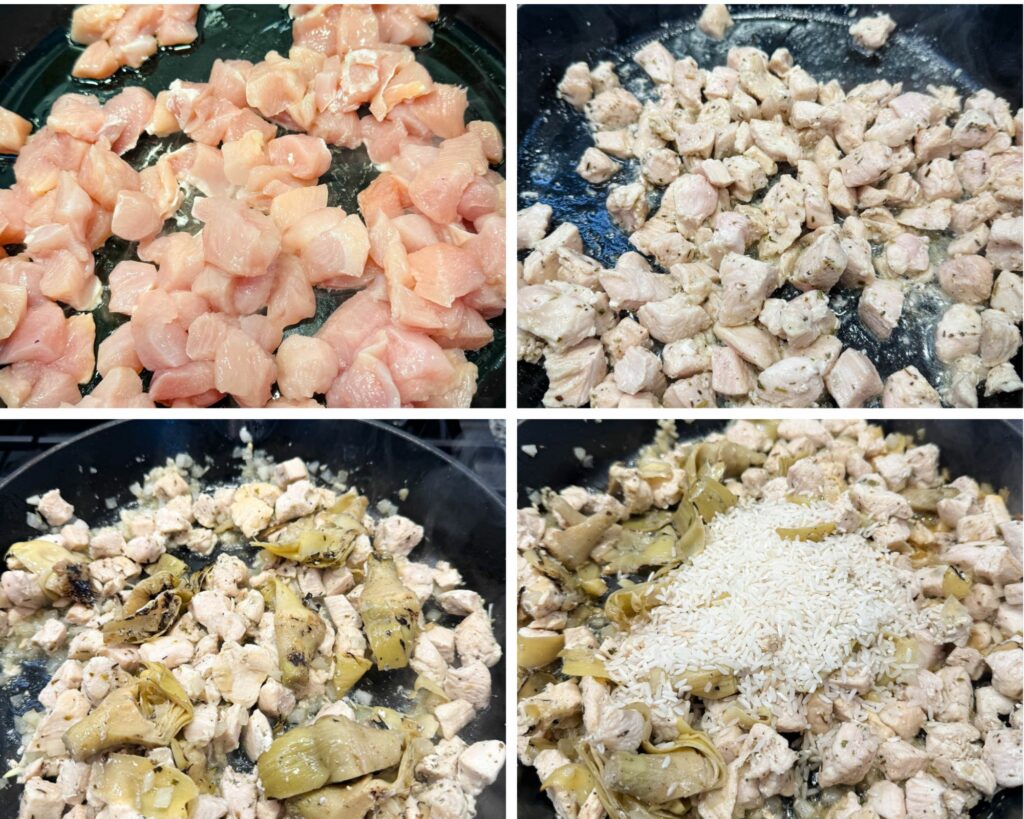 collage of 4 photos with raw chicken breasts and artichokes in a cast iron skillet