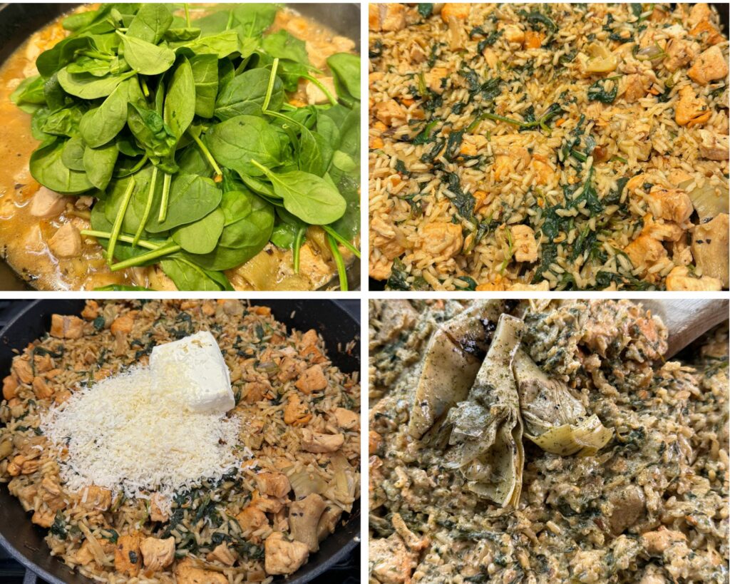 collage of 4 photos with spinach, artichokes, and chicken in a cast iron skillet