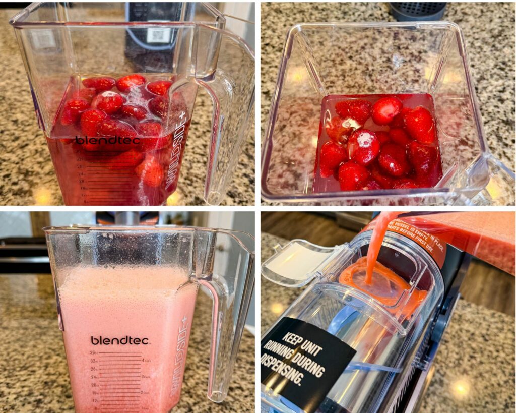 A Blendtec blender filled with strawberries and liquid before blending,