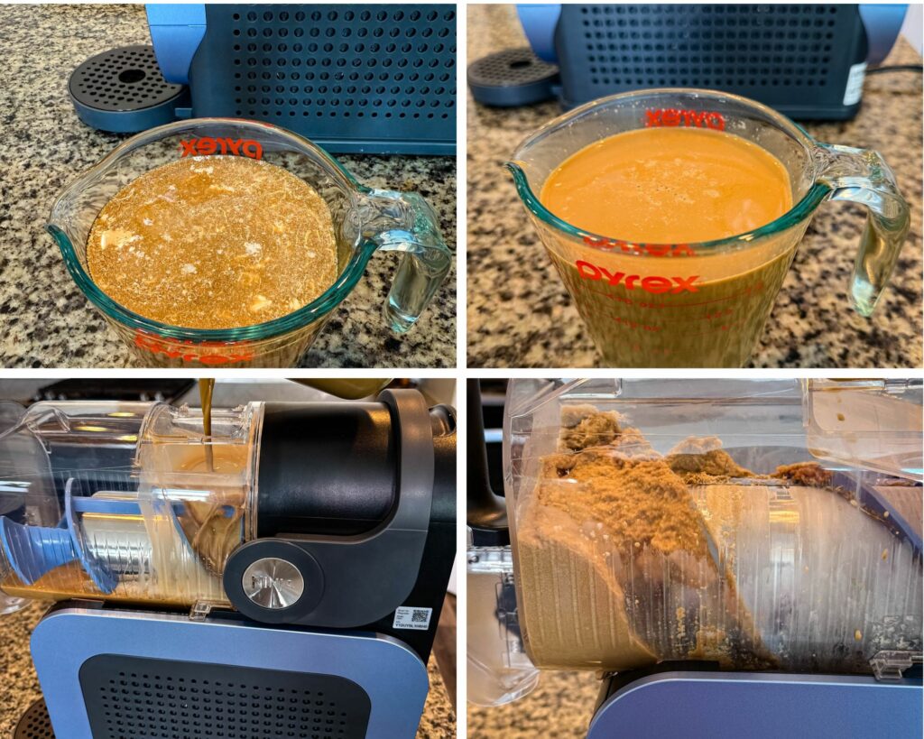 (Collage of Four Photos): Top Left – A measuring cup filled with coffee mixture, sugar, and other ingredients before blending. Top Right – A measuring cup containing the blended coffee mixture. Bottom Left – A Ninja slushie machine dispensing the blended coffee into a container. Bottom Right – A close-up of the slushie machine’s internal compartment, showing the thick coffee mixture being processed.