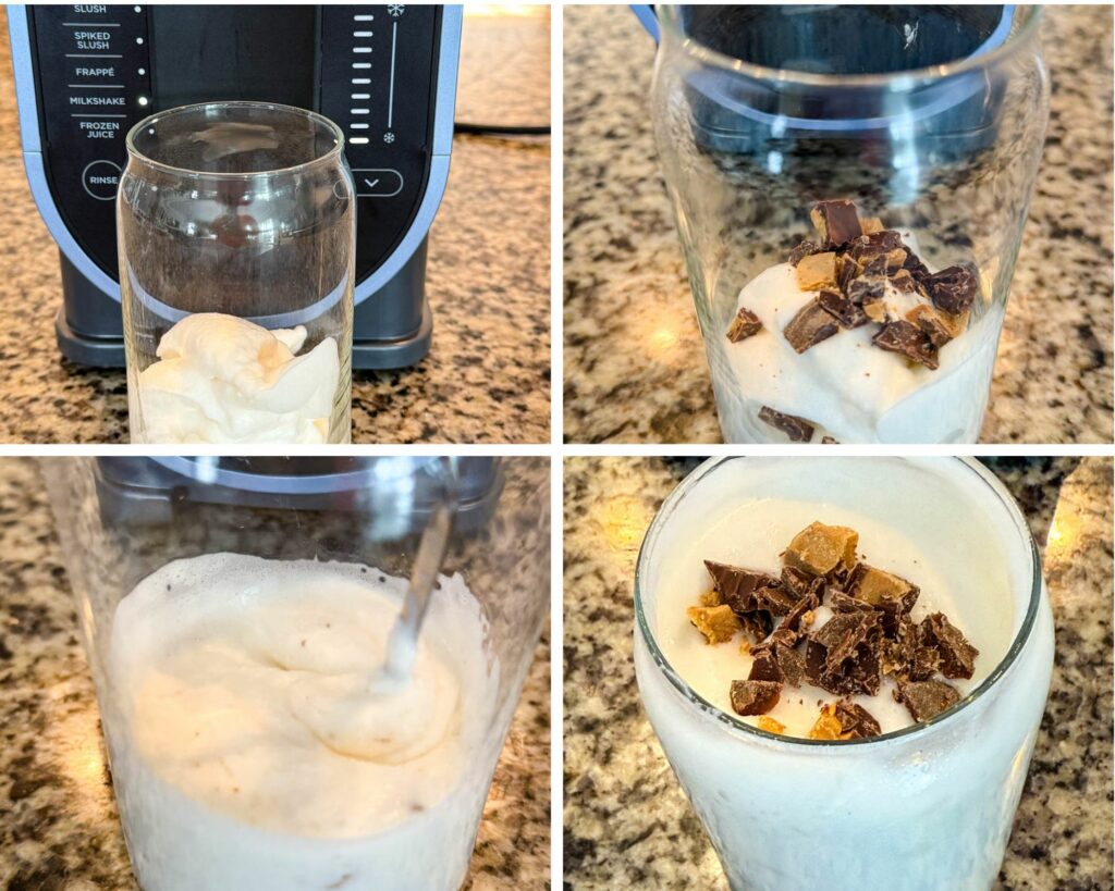 Step-by-step process of making the protein milkshake using the Ninja SLUSHi machine, showing the milkshake mixture, added peanut butter cups, blending action, and the final creamy milkshake topped with chocolate chunks.