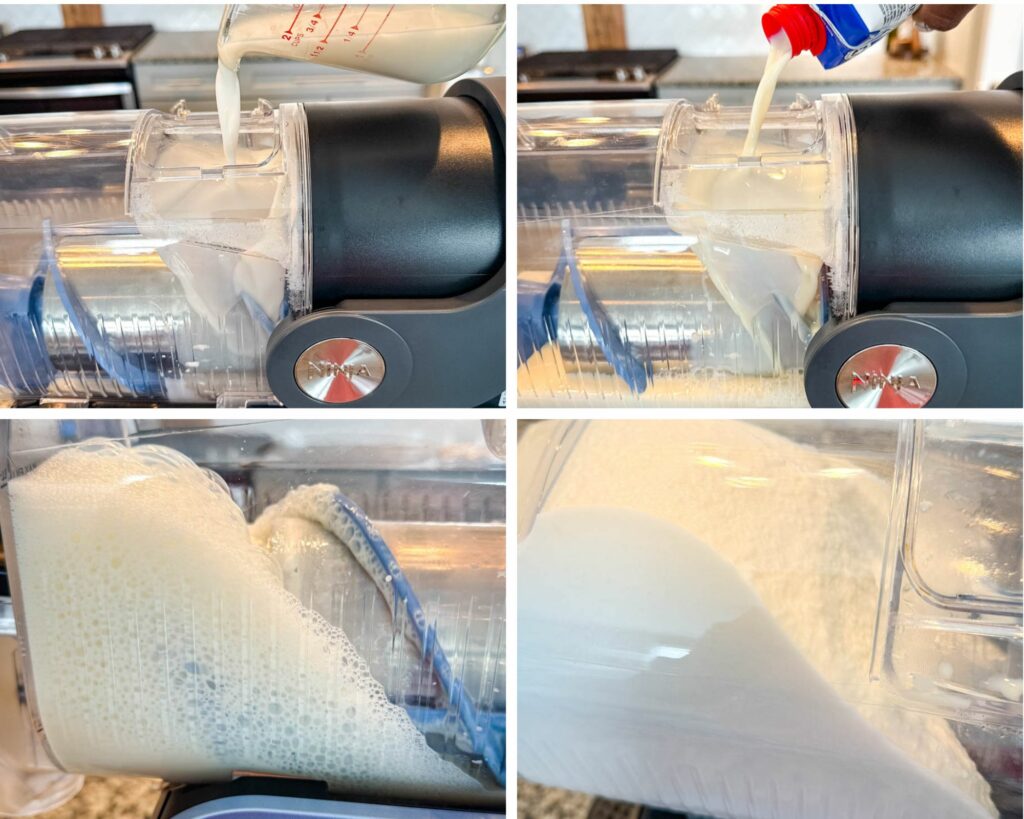 Close-up of the Ninja SLUSHi machine in action, pouring milk and vanilla protein shake into the machine, showing the blending process and the smooth, creamy milkshake consistency being produced.