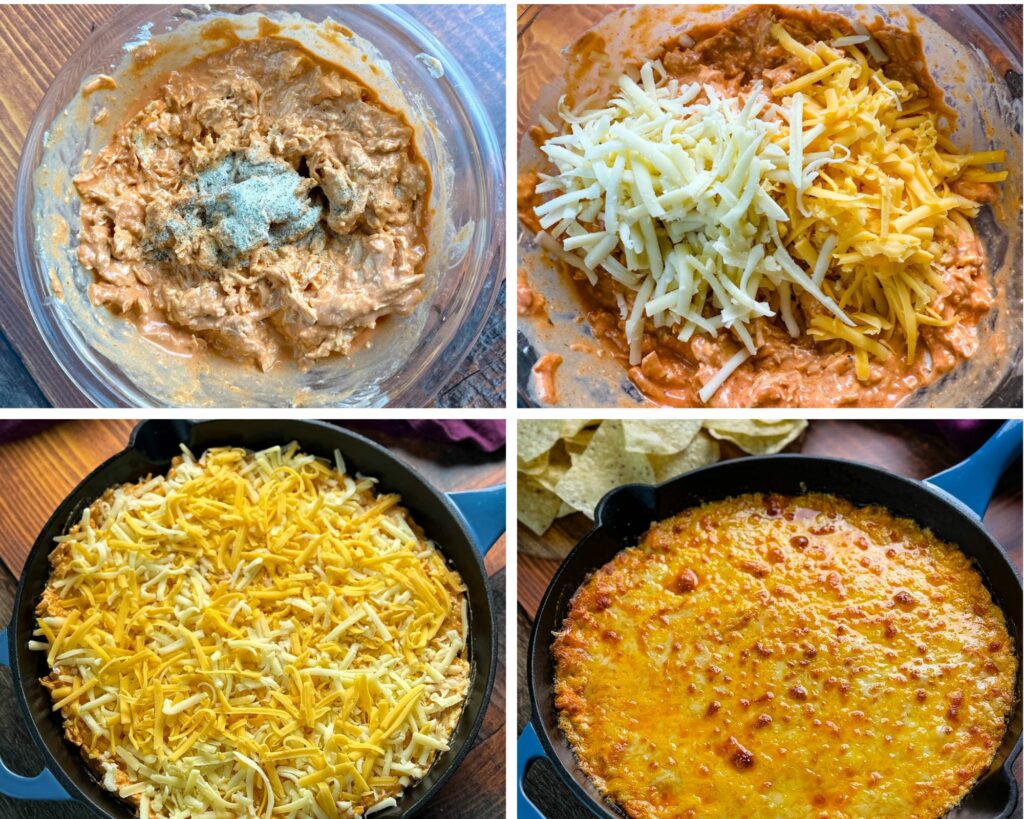 Buffalo chicken mixture being topped with shredded cheddar cheese before baking.