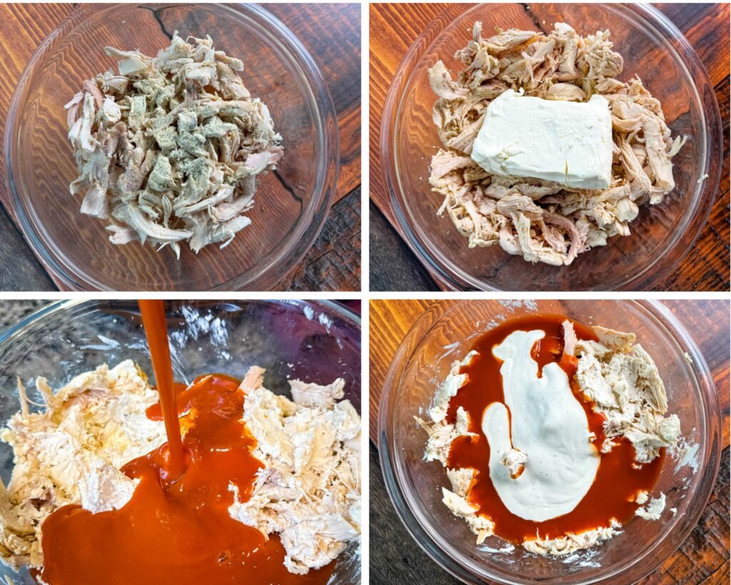 Step-by-step process of making Buffalo Chicken Dip, showing shredded rotisserie chicken, buffalo sauce, cream cheese, shredded cheddar, and ranch seasoning being mixed in a glass bowl.