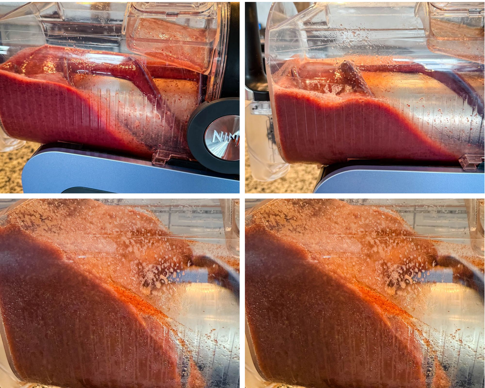 A step-by-step photo collage showing the Ninja Slushi Machine blending a cherry slushi. The images capture the transformation from liquid to a thick, icy consistency inside the machine, highlighting the texture of the frozen cherry mixture.