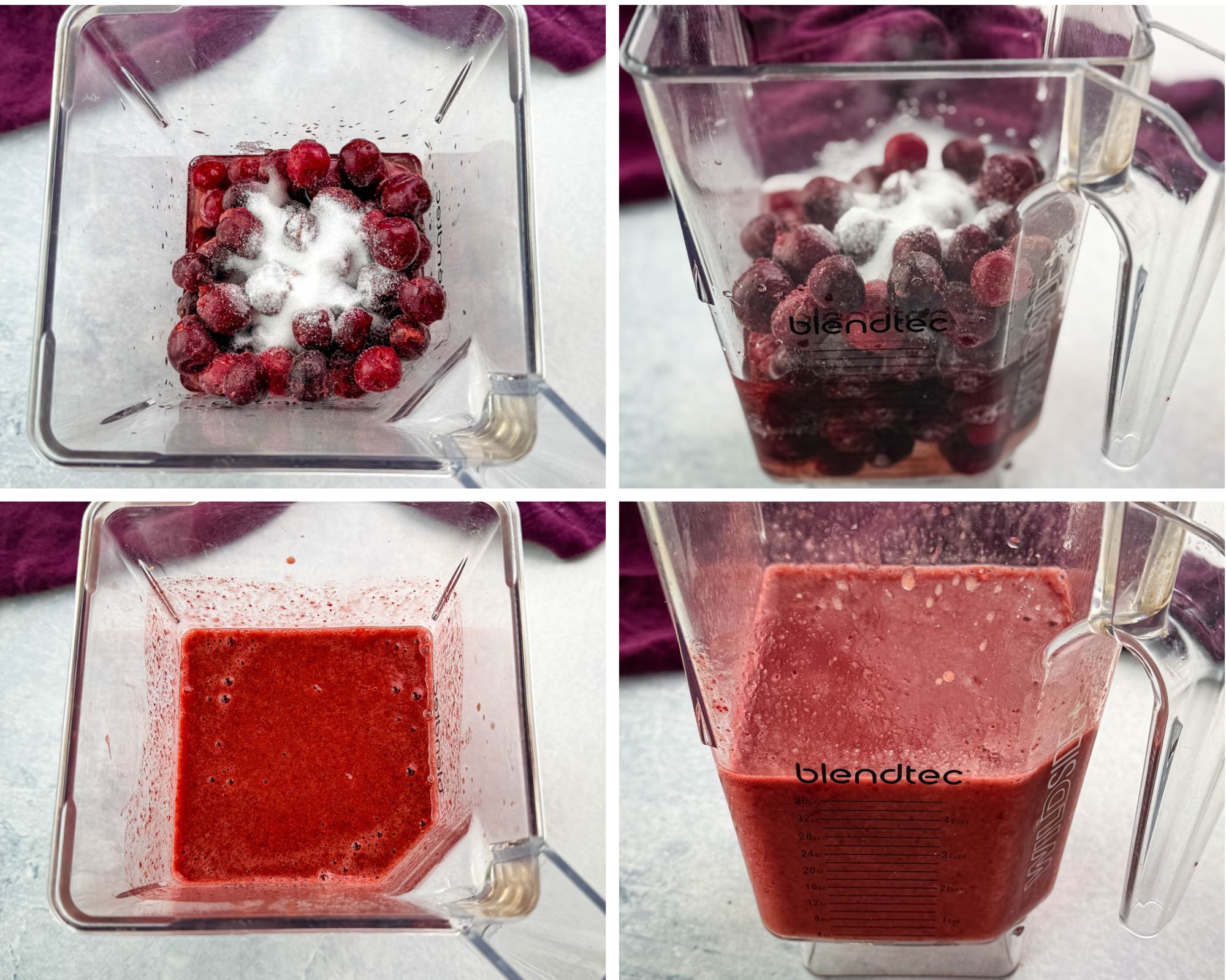 A four-step collage showing the process of making cherry slushi in a Blendtec blender. The first image features frozen cherries and sugar, the second adds liquid, the third shows the initial blend, and the fourth reveals the smooth, icy cherry slushi texture.