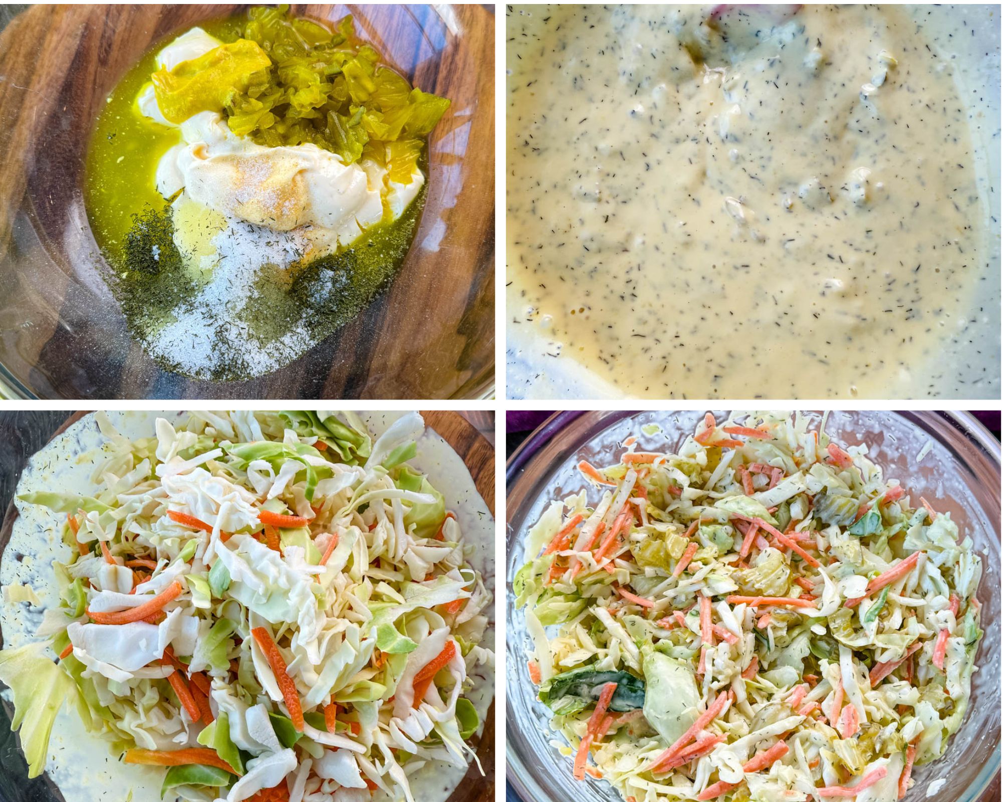 A step-by-step collage showing the process of making Dill Pickle Coleslaw. The first image features a glass bowl with mayonnaise, pickle juice, chopped pickles, dried dill, garlic powder, and sugar. The second image shows the creamy, well-mixed dressing with flecks of dill. The third image displays a bowl of fresh shredded coleslaw mix with green cabbage, carrots, and purple cabbage. The final image reveals the fully mixed coleslaw, coated in the creamy dill pickle dressing with visible pieces of pickles and shredded vegetables.