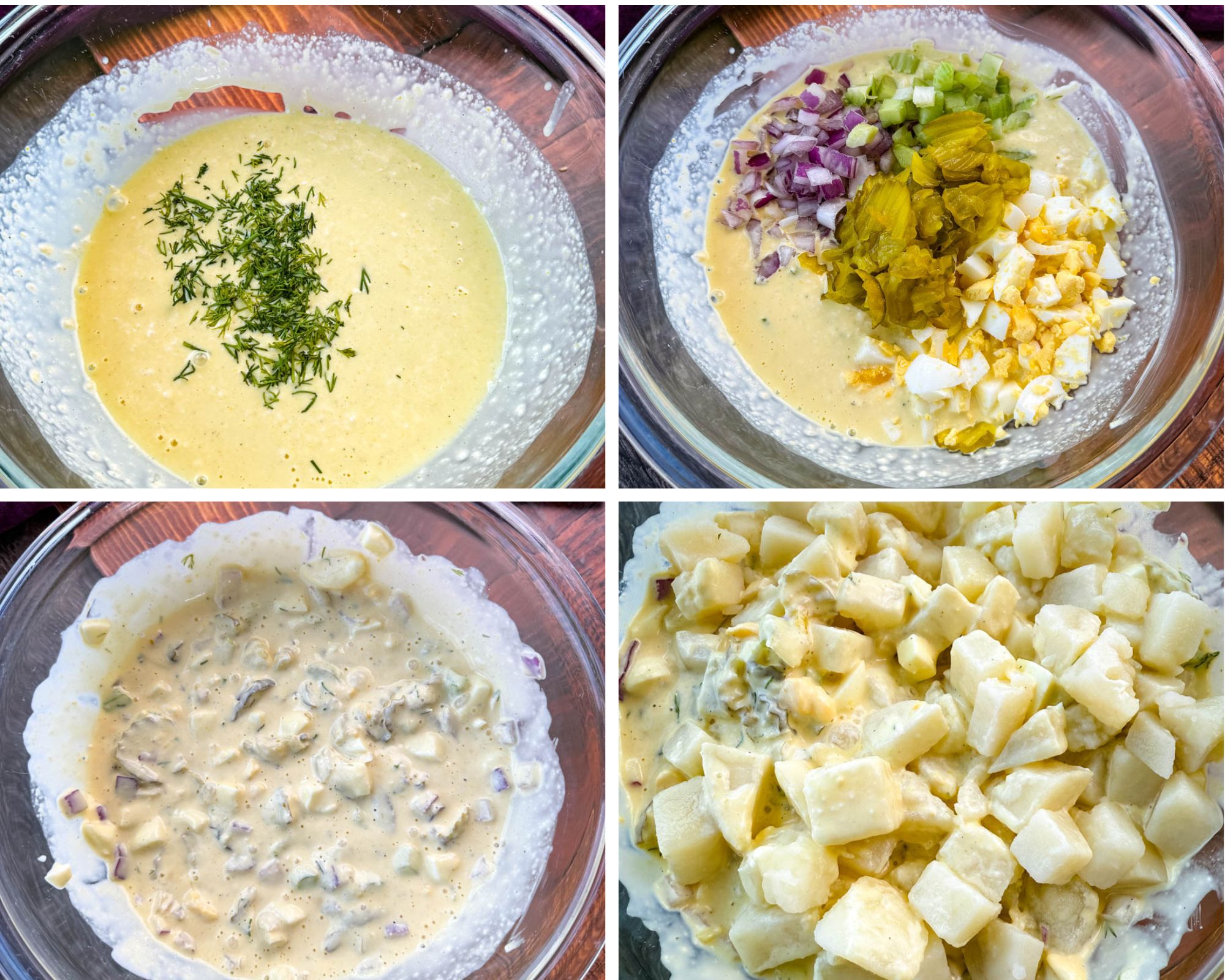 A step-by-step photo collage showing the preparation of dill pickle potato salad. The first image features a creamy dressing with fresh dill in a glass bowl. The second image includes chopped red onion, celery, pickles, and hard-boiled eggs added to the dressing. The third image shows the dressing mixed with the ingredients, and the fourth image displays cubed cooked potatoes being combined with the mixture.