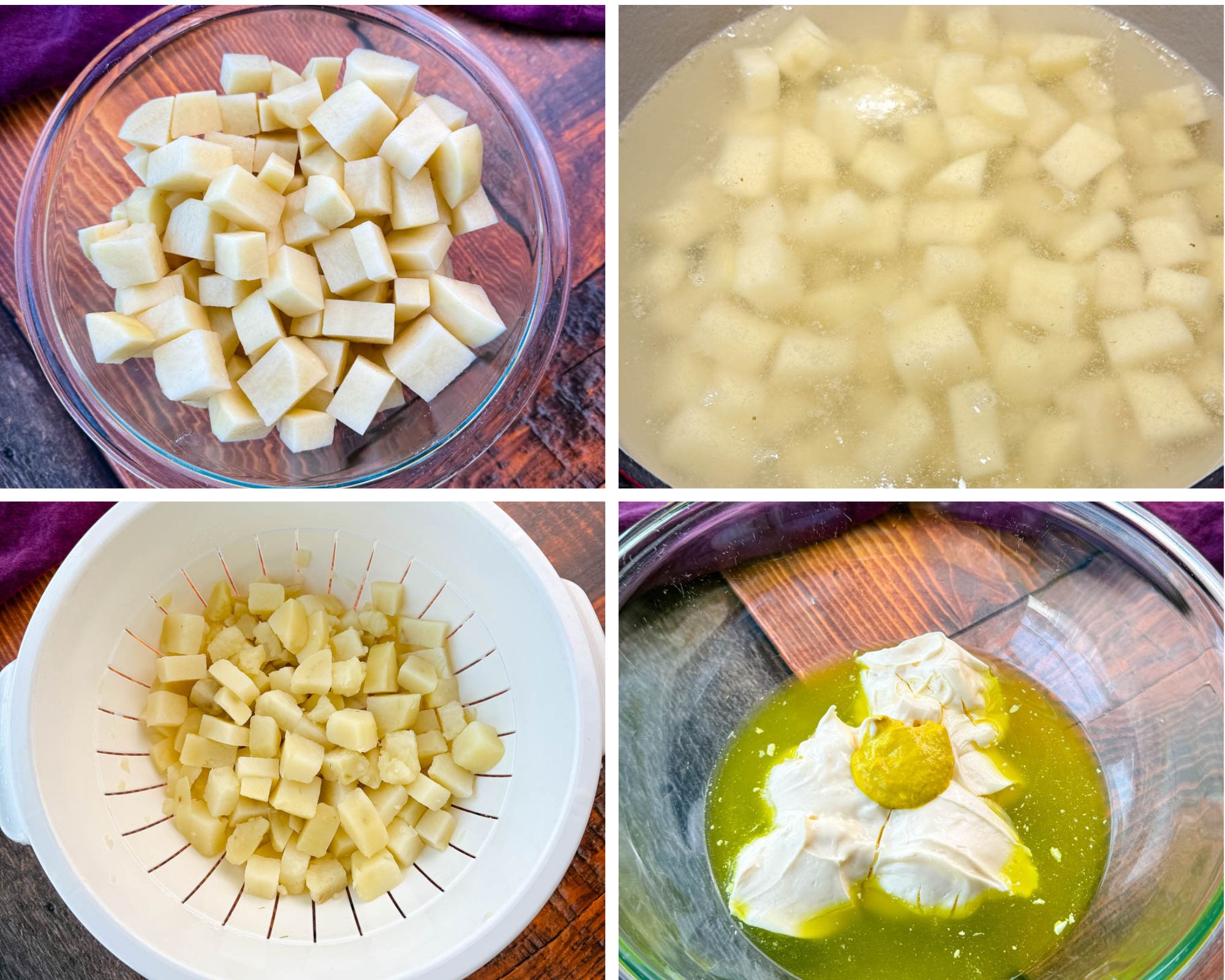 A step-by-step collage of potato preparation for dill pickle potato salad. The first image shows peeled and cubed raw potatoes in a glass bowl. The second image captures the potatoes boiling in water. The third image displays drained and slightly softened cooked potatoes in a strainer. The fourth image showcases the base dressing ingredients, including mayonnaise, mustard, and pickle juice, in a glass mixing bowl.