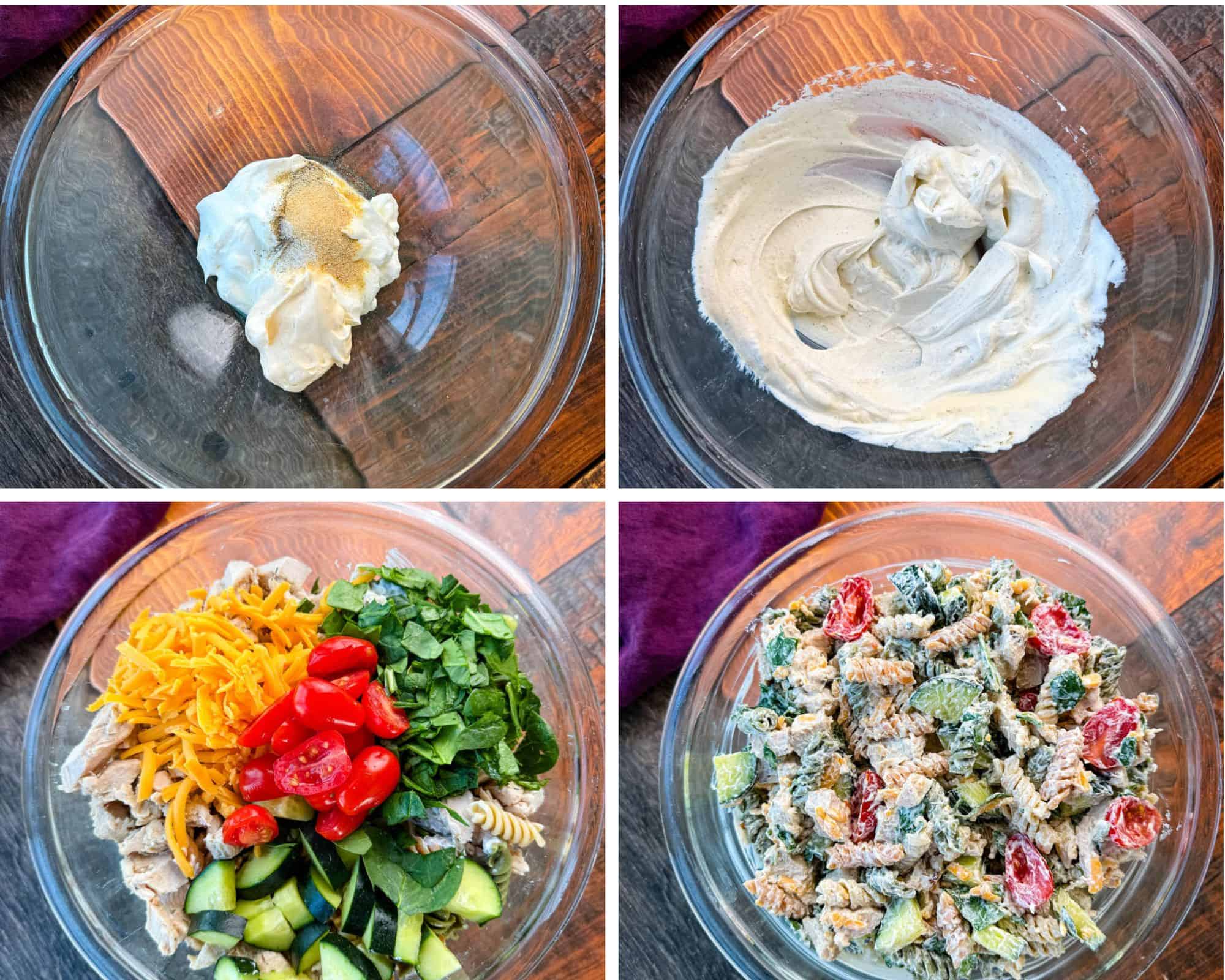 Collage of Four Steps in Making Chicken Pasta Salad – A series of four images showing the step-by-step process of making a high-protein chicken pasta salad. The first image features a glass bowl with mayonnaise, Greek yogurt, and seasoning. The second image shows the mixture blended together. The third image displays chopped ingredients including cooked chicken, shredded cheese, cherry tomatoes, cucumbers, and spinach. The final image in the collage shows everything mixed together into a creamy pasta salad.