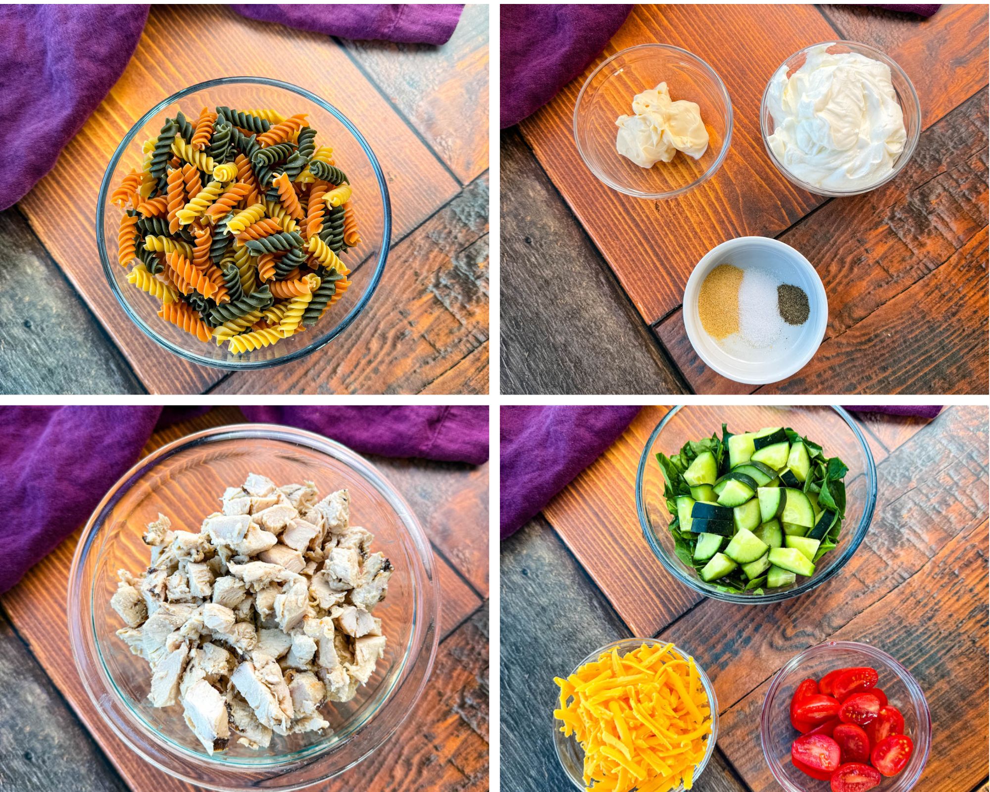 Collage of Ingredients for High-Protein Chicken Pasta Salad – A top-down view of various ingredients in separate bowls: tri-color rotini pasta, Greek yogurt, mayonnaise, seasonings, chopped grilled chicken, diced cucumbers, spinach, shredded cheddar cheese, and cherry tomatoes.