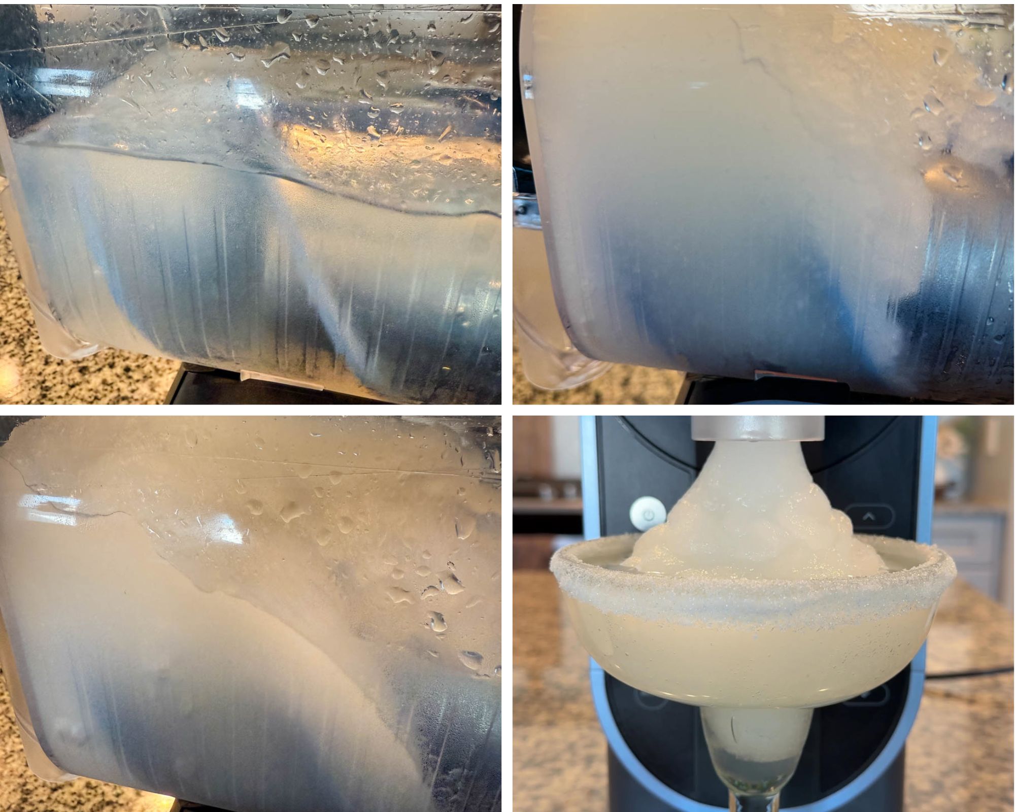 Collage of Ninja Slushi Machine Process: A collage of four images showing the Ninja Slushi Machine freezing the margarita mixture, blending it into a slushy texture, and dispensing the final frozen margarita into a glass.