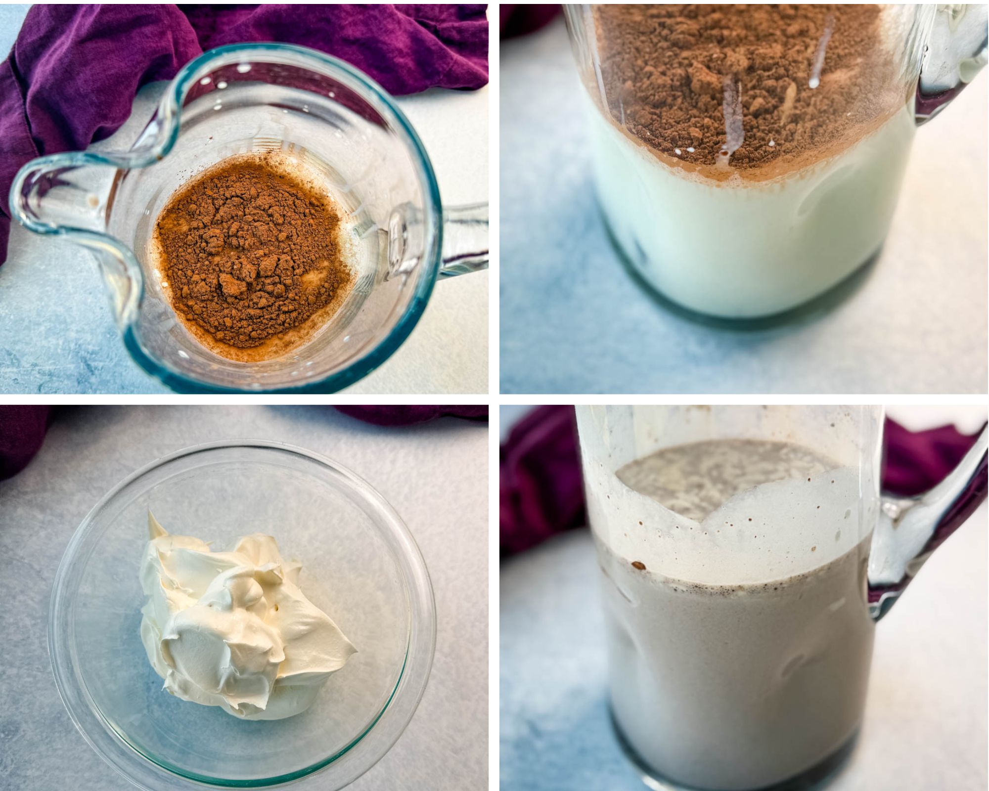 a collage of 4 images: Top-left: A glass measuring cup with cocoa powder inside. Top-right: A glass measuring cup filled with milk and cocoa powder on top Bottom-left: A glass bowl filled with a dollop of whipped topping. Bottom-right: A glass measuring cup with blended chocolate mixture.